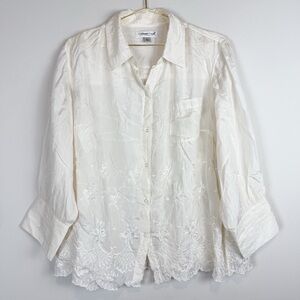 White 100% Silk Embroidered Button Up Sheer Prairie Blouse Shirt Size Large